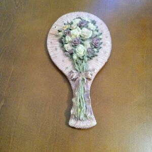 Vintage 10” Pink Ceramic Victorian Style Hand Mirror Raised Roses Flowers Stems